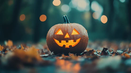 Carved jack o lantern on wet autumn leaves outdoors at dusk.