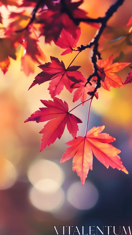 Red maple leaves against soft autumn bokeh background.
