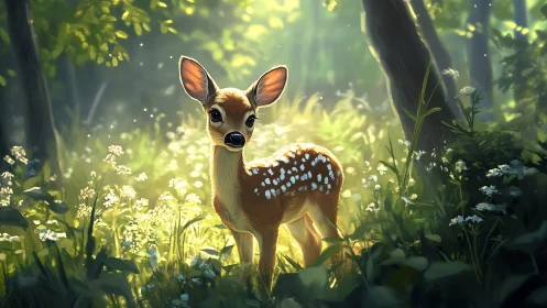 Young fawn in glowing forest clearing with soft morning light.