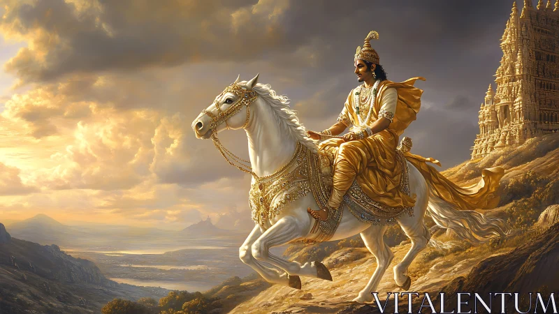 Regal warrior on white stallion in luminous epic landscape.
