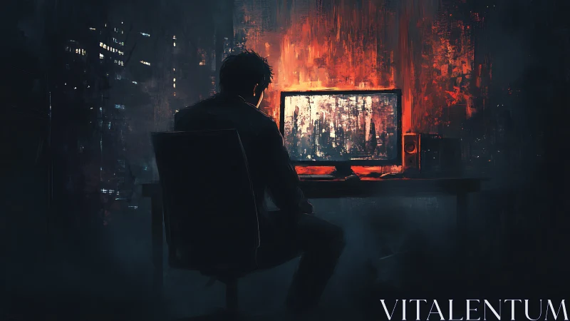 Solitary figure at computer in dark red lit room.