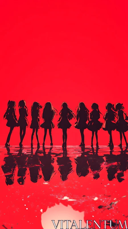 Silhouetted idol group on reflective red horizon at dusk.