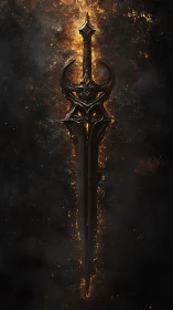 Demonic black sword burns amid embers and rising smoke.