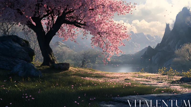 Sunlit cherry blossom tree by a peaceful mountain lake.