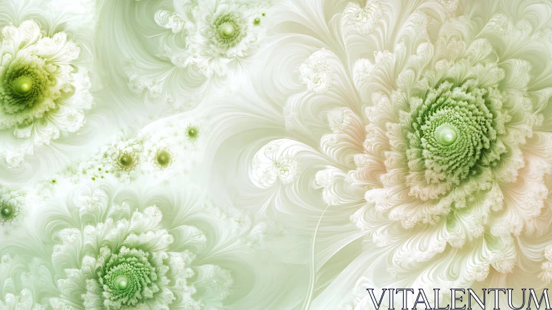 Pale green fractal blossoms spiral across soft mist field