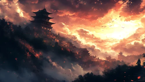 Mountain temples under dense clouds with distant figure.