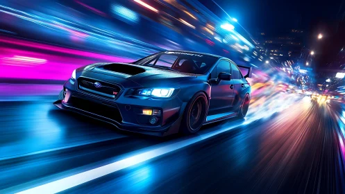 Blue Subaru performance car racing through neon city streets.