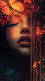 Floral-lit female portrait in fiery abstract digital bloom.