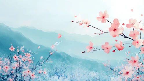 Cherry Blossoms Drift Over Layered Mountain Landscape