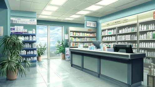 Interior pharmacy counter shows stocked shelves and bright light