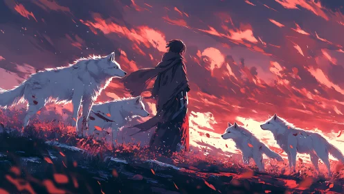 Human figure with white wolves under red dramatic sky.