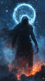Digital painting of elemental wraith amid fire and haloed void.