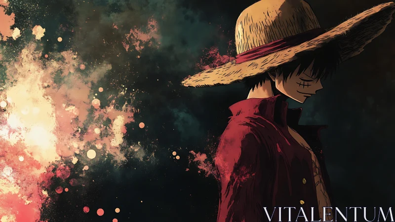 Straw-hatted anime hero stands in moody cosmic splashes.