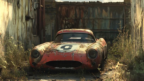 Weathered red race car rests quietly in a forgotten alley
