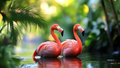 Twin flamingos rest in reflective tropical lagoon environment