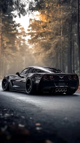 Black sports coupe parked on forest road at dusk.