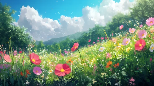 Wildflower meadow stretches under bright summer clouds