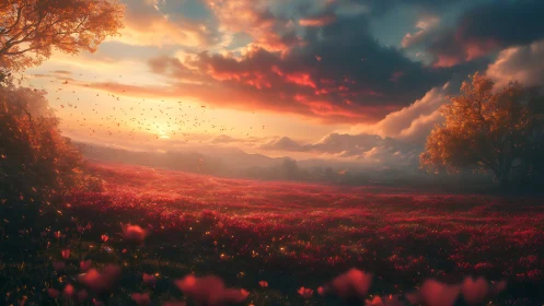Sunset over red flower meadow with distant mountain range.