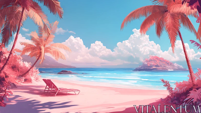 Tropical Paradise Beach with Pink Palms and Azure Waters.