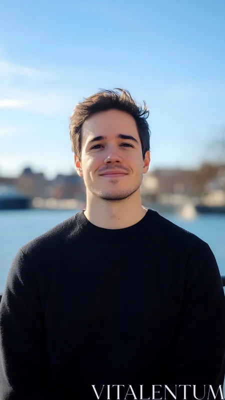 Sunlit portrait of young man beside tranquil waterfront.
