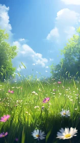 Sunlit wildflower meadow stretches under calm blue skies