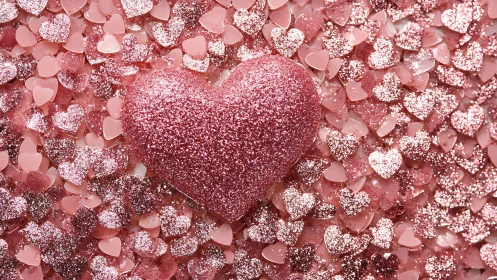Large glitter heart on bed of small pink heart shapes.