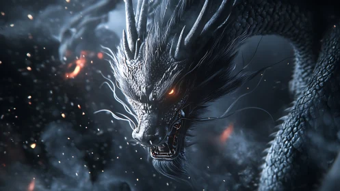 Fiery-eyed shadow dragon roars amid swirling embers.