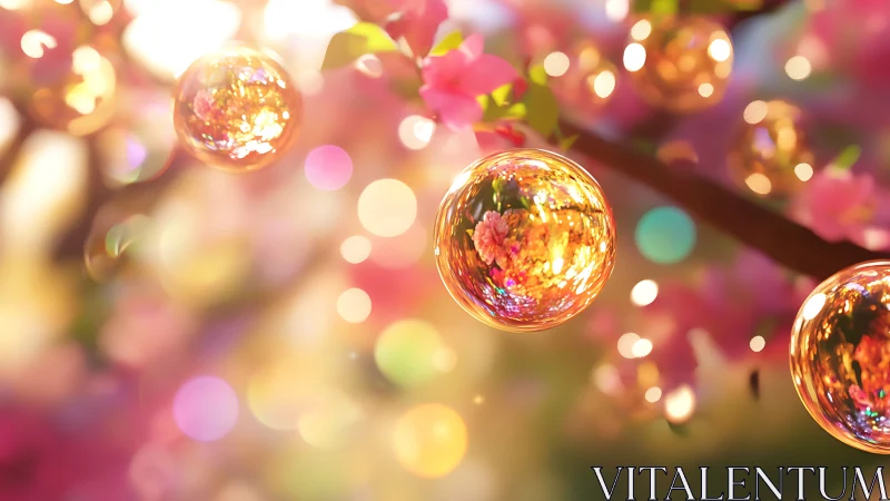 Glowing bubbles drift among dreamy pink spring blossoms