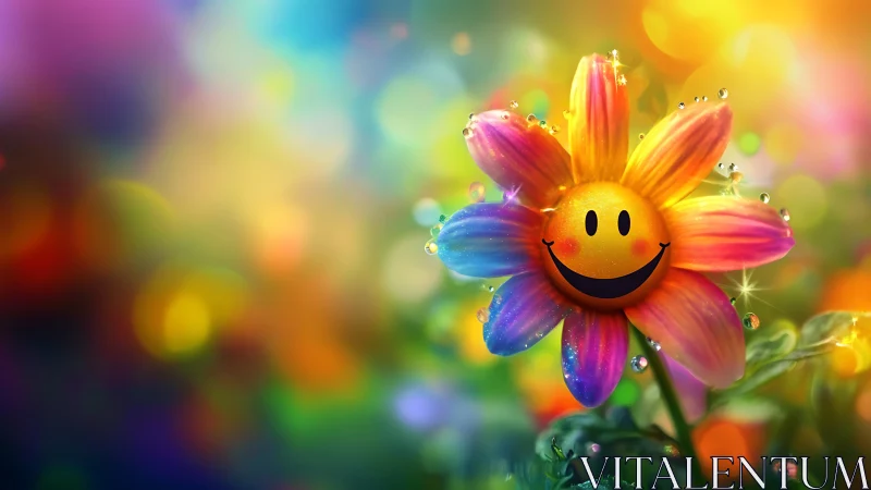 Smiling rainbow flower glows amid vibrant bokeh garden.