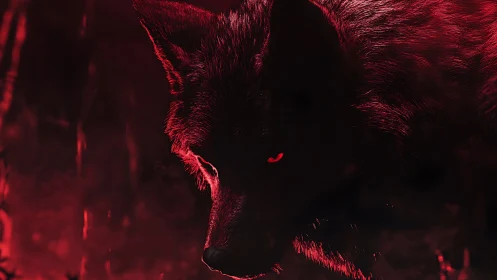 Red lit wolf profile in dark environment, partial view.