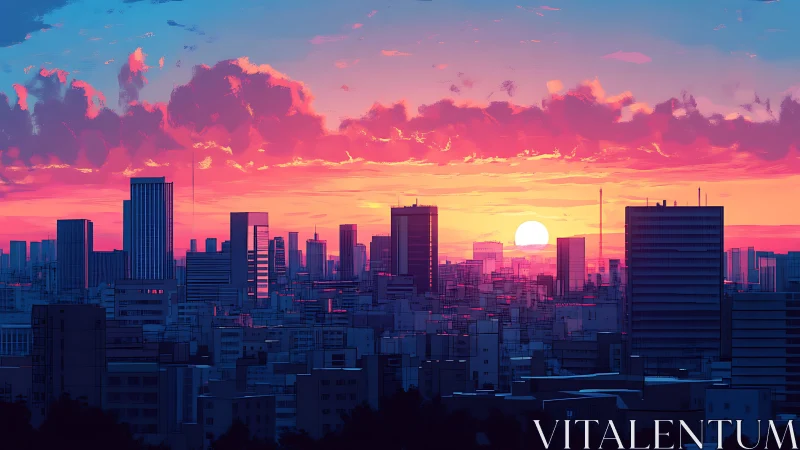 Neon dusk over stylized city skyline at vivid sunset.