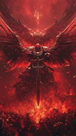 Armored winged warrior over battlefield in red inferno.