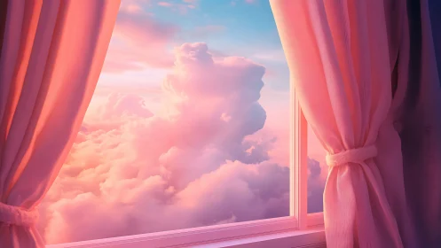 Chromatic cloudscape framed by softly diffused window drapery.