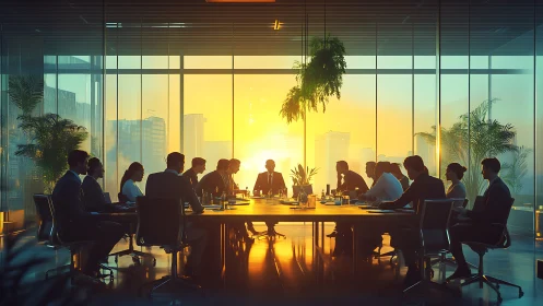 Golden Hour Boardroom Strategy Session Bathed in Citys Radiant Sunset