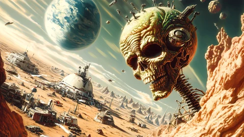 Colossal biomechanical skull above arid extraterrestrial base.