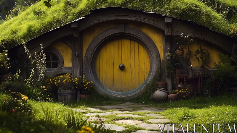Grass-covered hillside dwelling with round yellow wooden door.