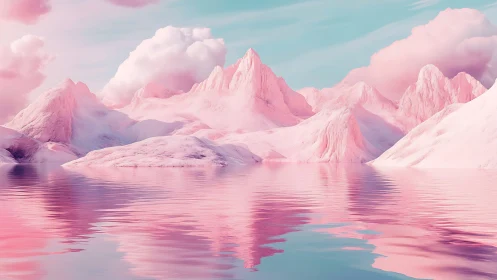 Cotton-candy mountains rise above reflective pink water surface