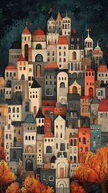 Stacked hillside town with tall towers and autumn trees.