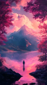 Solitary figure contemplates neon twilight mountainscape