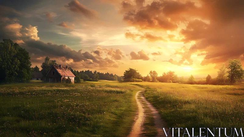 Golden sunset path leads gently toward a peaceful country home