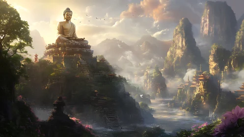 Golden Buddha overlooks misty valley of tranquil temples