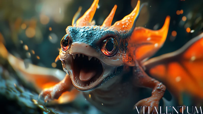 Bioluminescent baby dragon with molten wings in macro focus