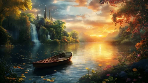 Spectral sunset hydroscape with moored wooden skiff and falls.