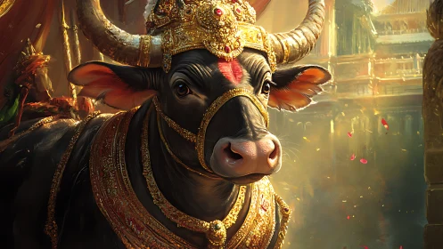 Ceremonial bull in ornate golden harness and temple setting.