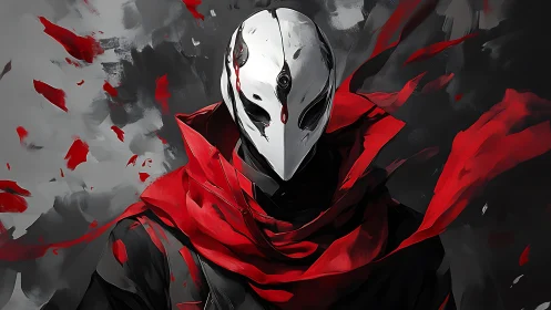Masked figure in red scarf rendered with dynamic digital brushwork