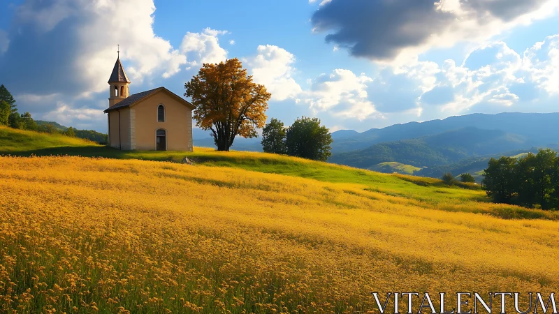 Hilltop chapel beside golden meadow under soft clouds.