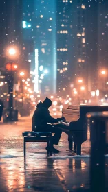 Street pianist plays under winter city lights at night.