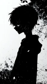 Quiet shadowed boy in monochrome forest daydream.