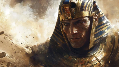 Egyptian pharaoh warrior stares through swirling desert storm