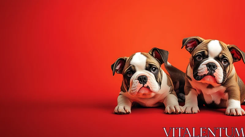Adorable bulldog puppies relaxing on a bold red backdrop.